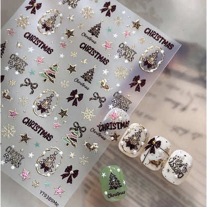 Leopard Print Christmas Tree Nail Art Stickers Golden Lines Butterfly Knots Stars Snowflakes Letters Nail Decoration Sticker DIY