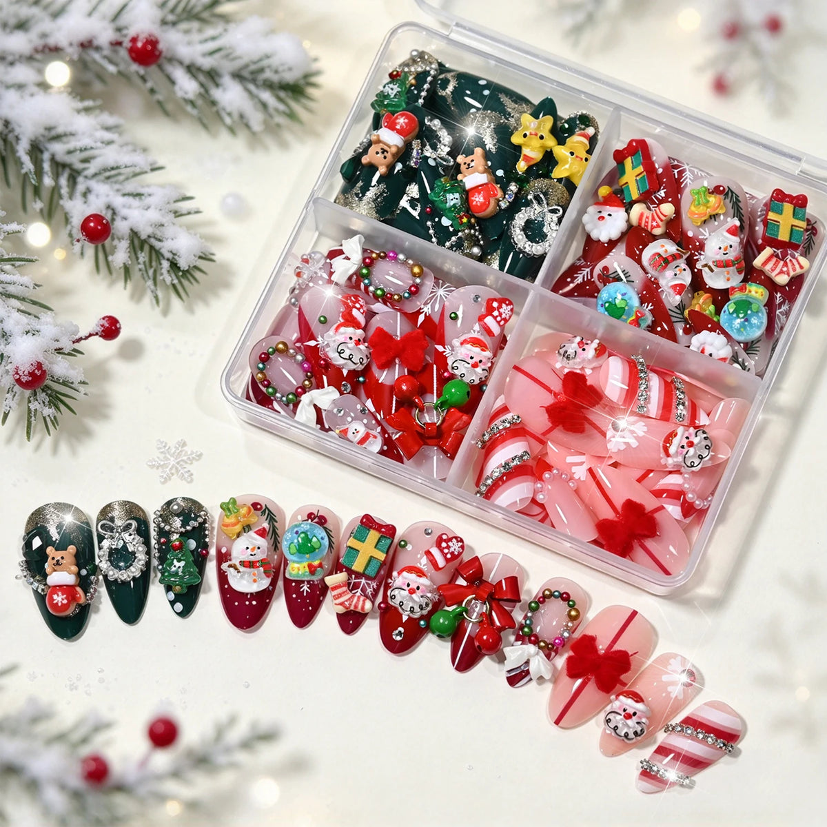 96PC 3D Red Green Medium Almond Christmas Press On Nails Cute Elk/Bell/Snowman/Santa Claus/Xmas Tree Fake Nails Full Cover Nails