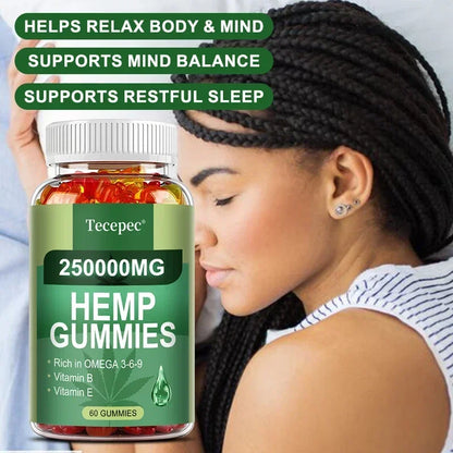 Contains Omega 3-6-9 Vitamin B, E Gummies - Stress Relief, Sleep, Mood, Skin, Nails, Focus, Joint Support, Non-GMO Supplement