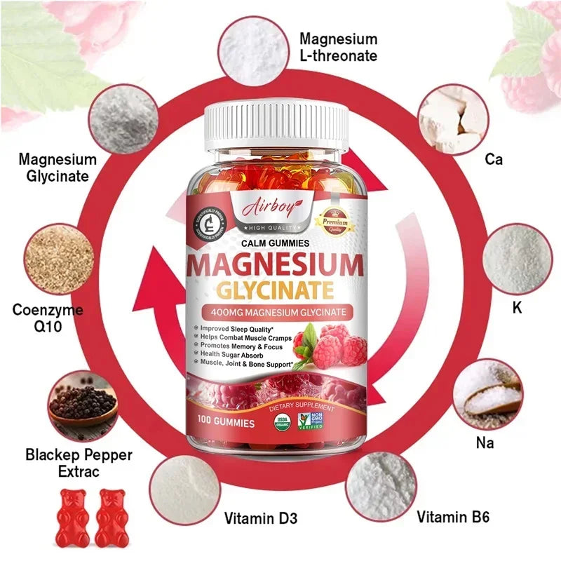 Magnesium Glycinate Gummies - Brain Health, Strengthen Muscles and Bones, Improve Sleep, Relax Nerves