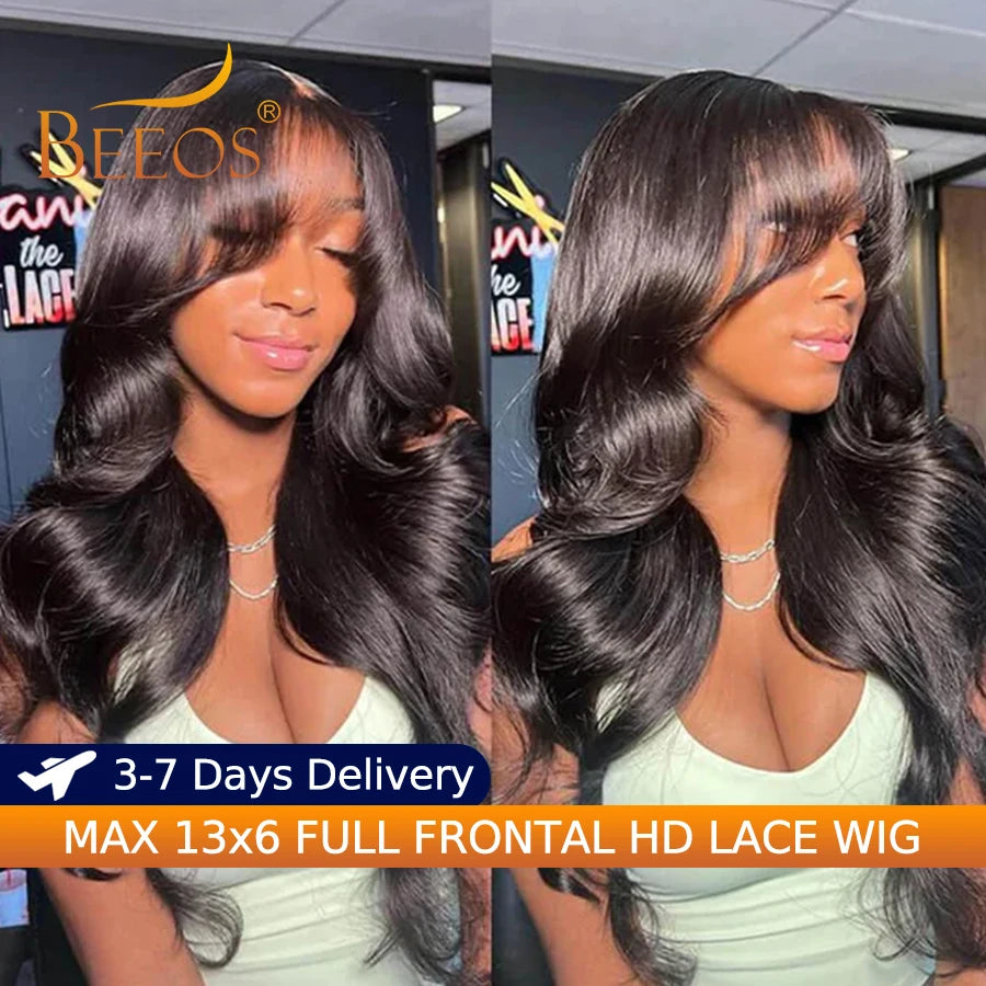 250% Ultra Fitted Body Wave Wig With Bangs 13x6 HD Lace Frontal Wigs Quick Weave Wig Invisible HD Lace Wig Deep Part Brazilian
