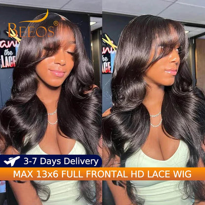 250% Ultra Fitted Body Wave Wig With Bangs 13x6 HD Lace Frontal Wigs Quick Weave Wig Invisible HD Lace Wig Deep Part Brazilian