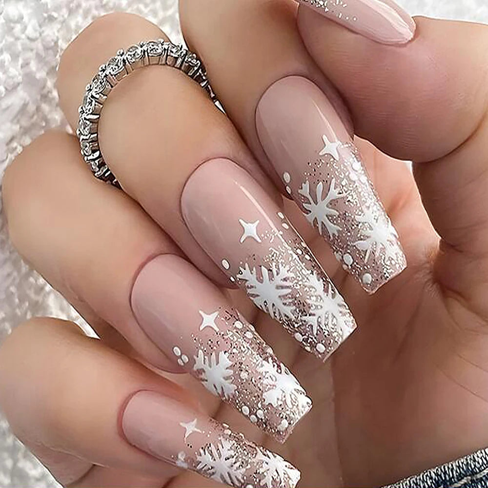 24Pcs Red Christmas Fake Nails Cute Santa Claus Reindeer & Snowflake Designs Artificial Nails Glossy Short Oval Press On Nails