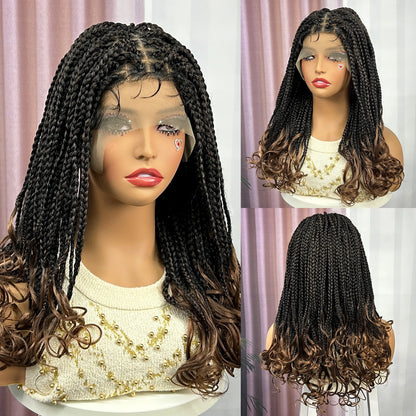 Knotless Box Braided Wig with Wavy Ends Synthetic Lace Frontal 1B-30 Dark Ombre Braided Lace Wig with Baby Hair for Black Women