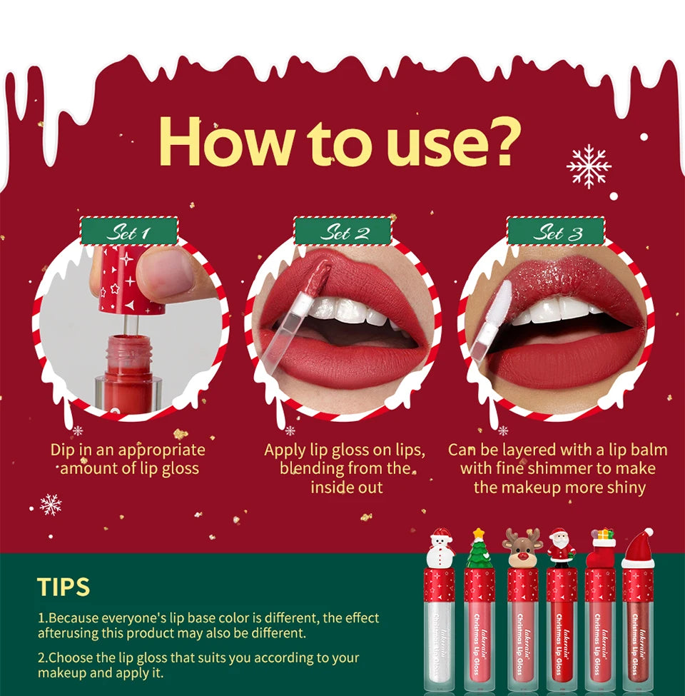 Christmas Lip Gloss Set Waterproof Long-Lasting Moisturizing Lip Skincare Lip Glaze Set Ideal Festive Holiday Christmas Gift
