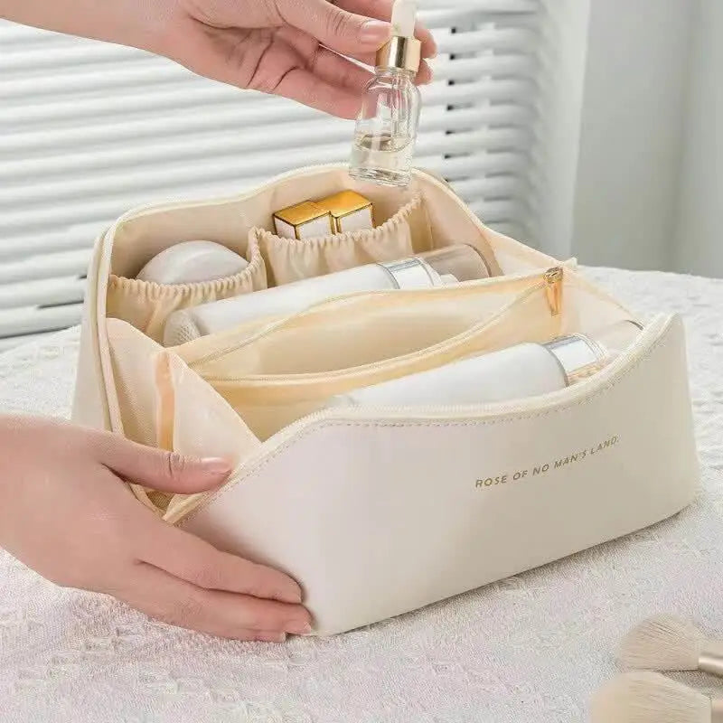 Women Travel Makeup Bag PU Cosmetic Organizer Large Capacity Toiletry Bag Wide Opening Portable Wash Bag