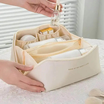 Women Travel Makeup Bag PU Cosmetic Organizer Large Capacity Toiletry Bag Wide Opening Portable Wash Bag