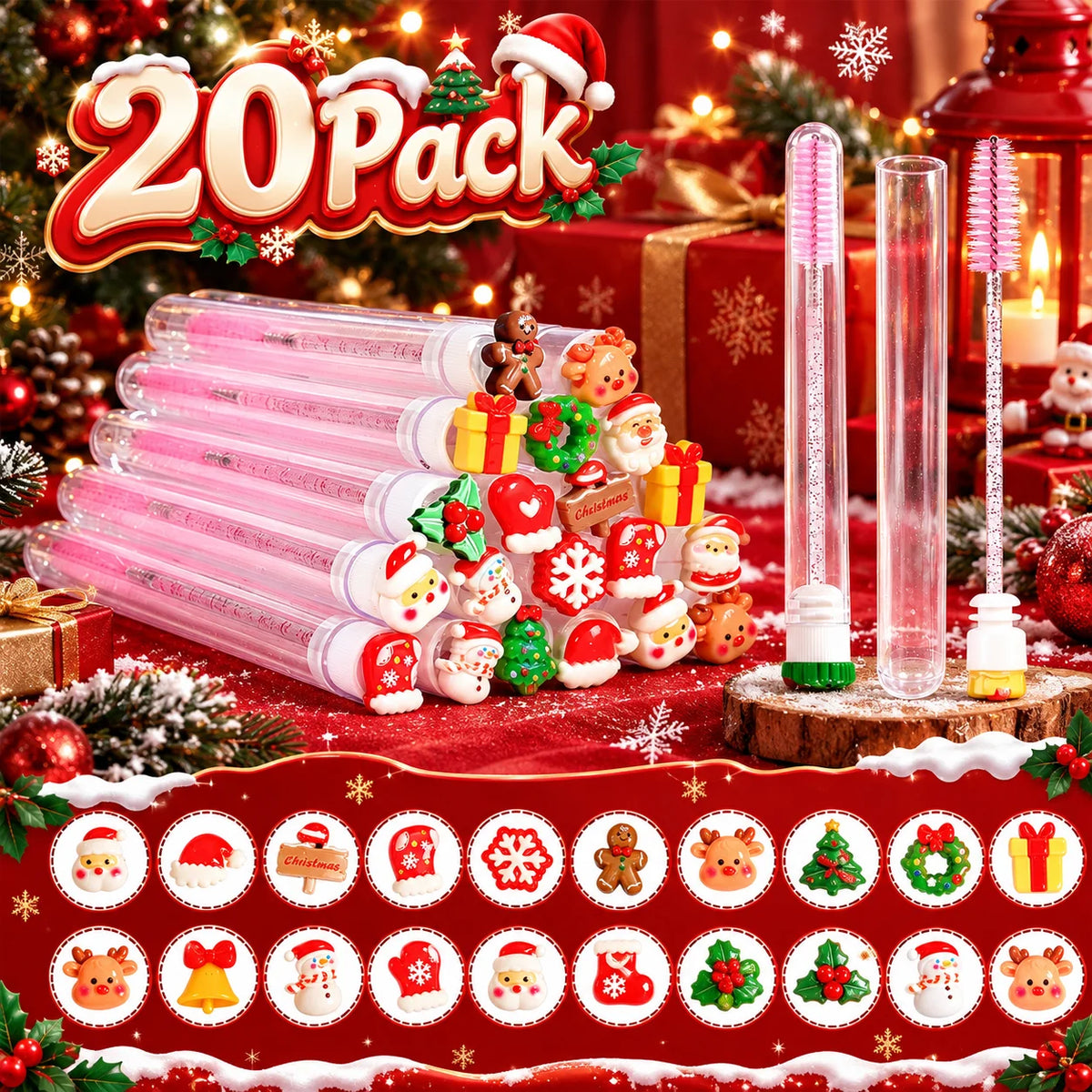 20Pcs Christmas Eyelash Brush with Dustproof Tube Reusable Lash Spoolies Mascara Wand Portable Eyebrow Comb Extension Xmas Gifts