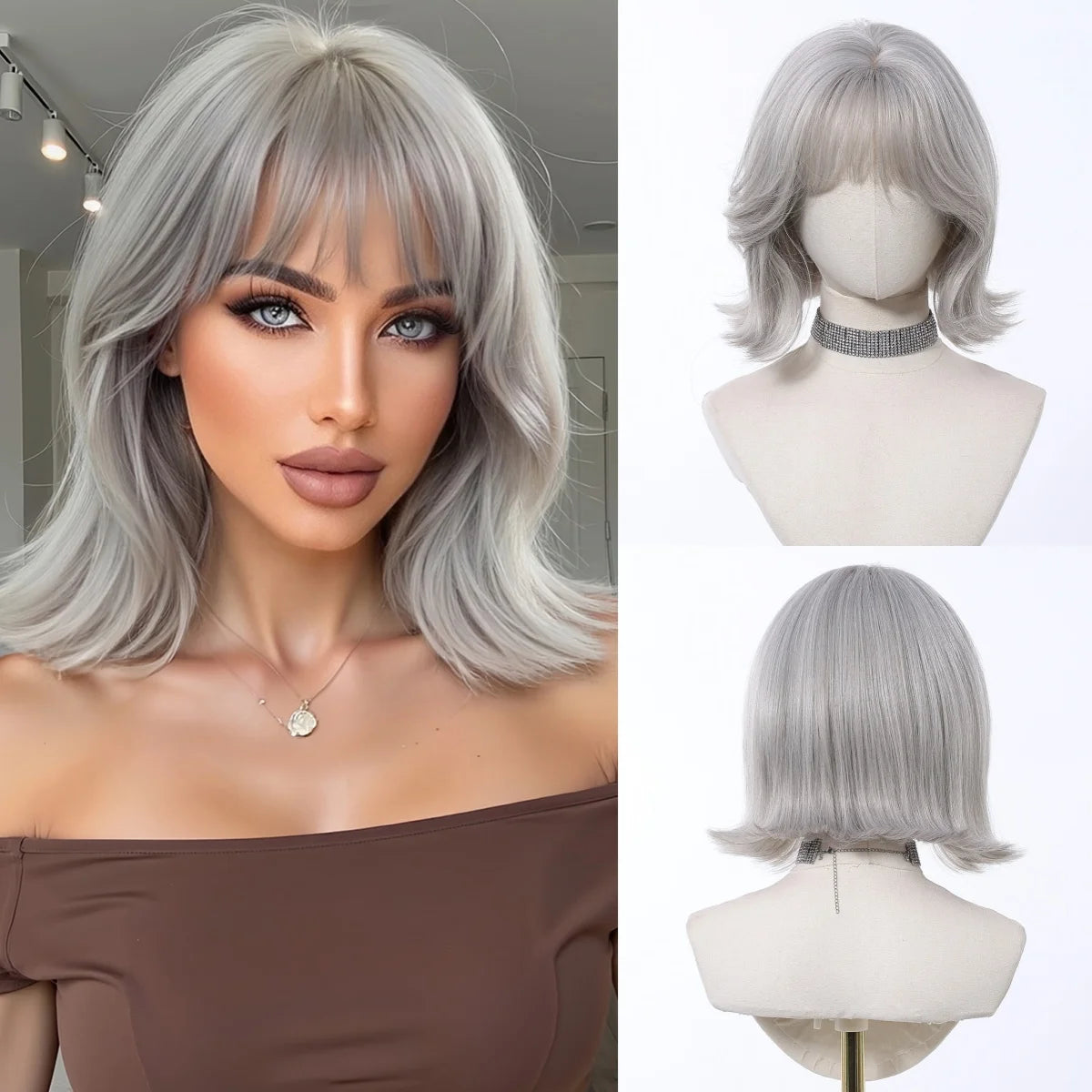 Short Light Pink Wave Synthetic Wigs with Bangs Rose Gold Lolita Natural Hair Wigs for Women Cosplay Daily Party Heat Resistant