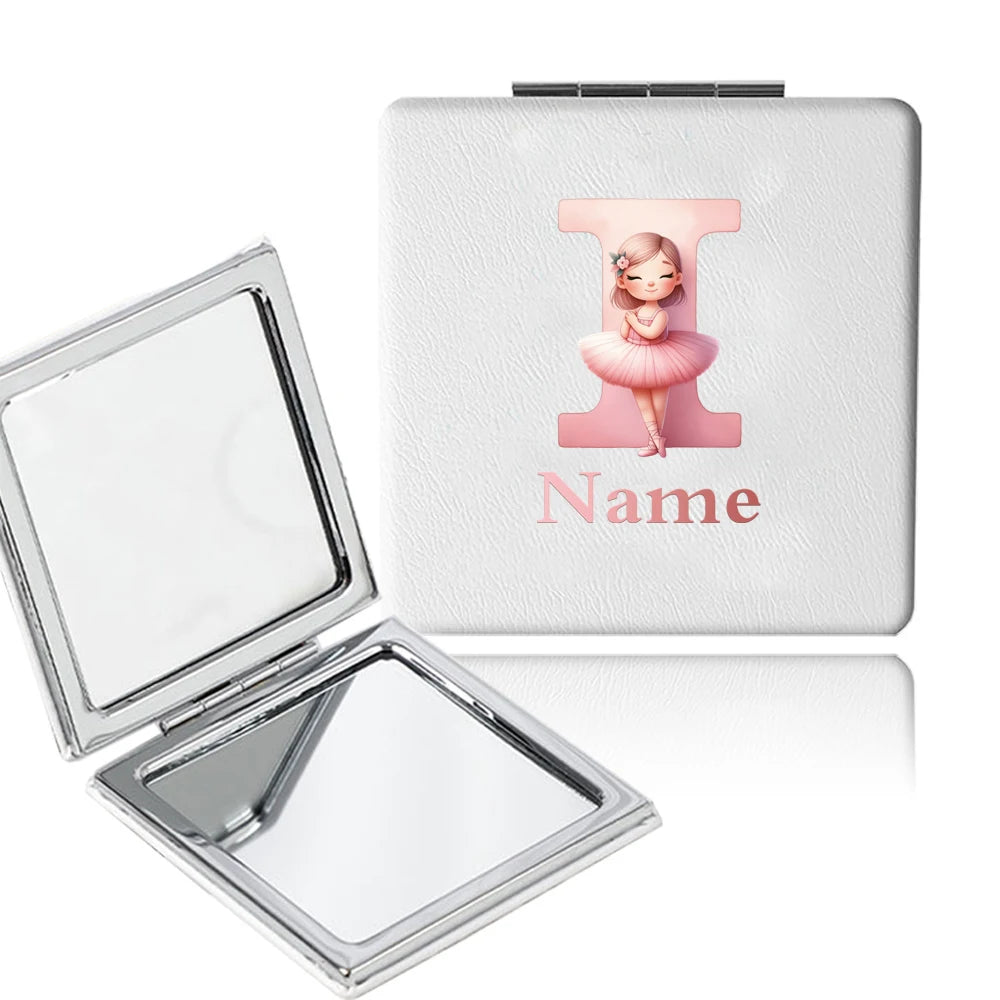 Customized Name PU Handheld Makeup Mirror Cover Dressing Double-Sided Portable Foldable Pocket Cosmetic Mirror