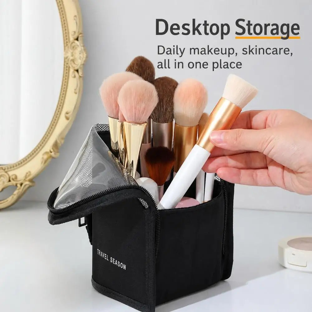 New Standing Makeup Brush Holder Bag 2 in 1 Travel Cosmetic Pouch Mesh Waterproof Portable Toiletry Storage Organizer
