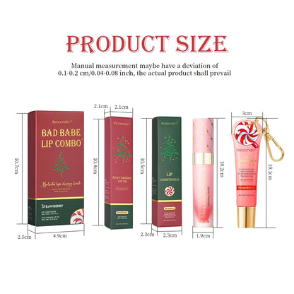Christmas Gift 3Pcs Glossy Lip Gloss Set Strawberry Lip Balm And Lip Gloss Combo Long Lasting Hydrating Plump Lips