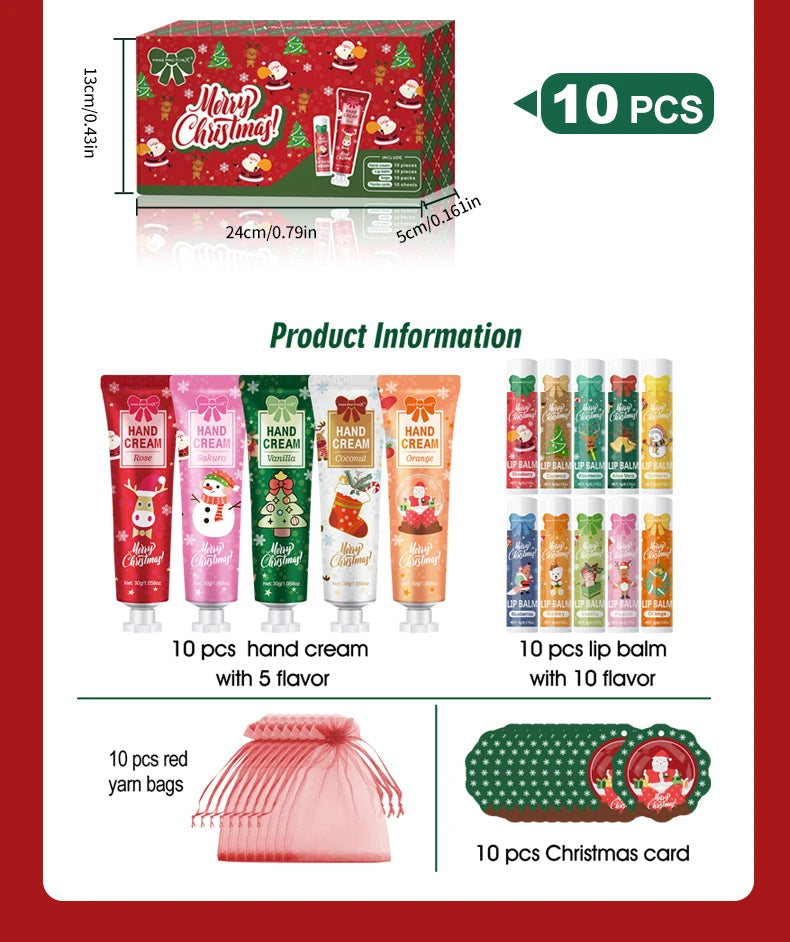 Christmas kit-10 sets/box hand cream kit, lip balm set, with Santa Card and red gift bag, party gift distribution