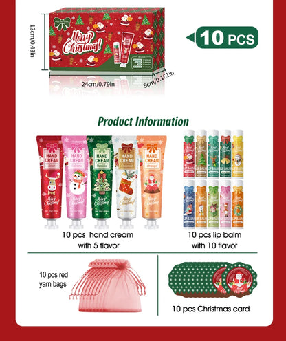 Christmas kit-10 sets/box hand cream kit, lip balm set, with Santa Card and red gift bag, party gift distribution
