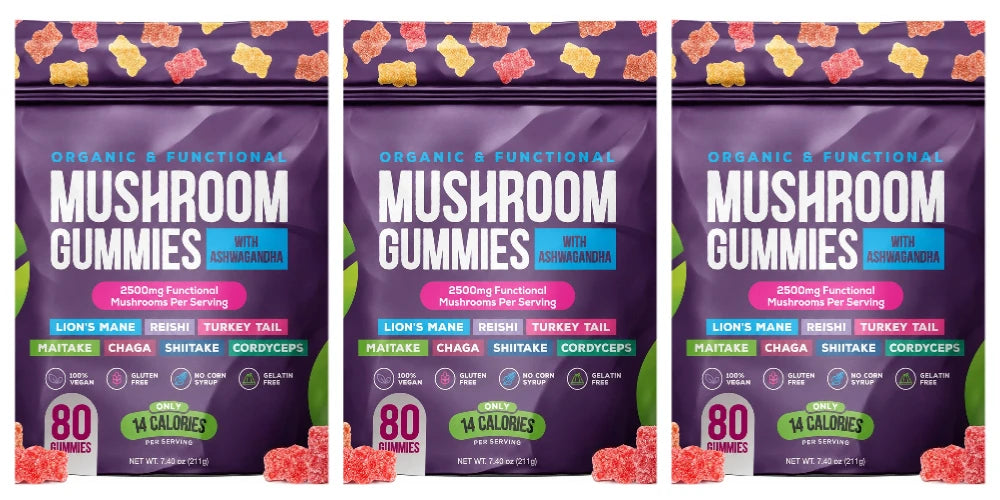 Mushroom Gummies with Ashwagandha Lion's Mane Reishi and Cordyceps, Vegan Gelatin Free Mixed Fruit Supplement