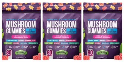 Mushroom Gummies with Ashwagandha Lion's Mane Reishi and Cordyceps, Vegan Gelatin Free Mixed Fruit Supplement