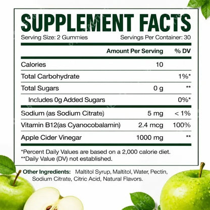 Apple Cider Vinegar B12 Gummies Digestive Comfort Multivitamin Boost Metabolism for Men Women Free Vegan Gluten-Free 60 Gummies