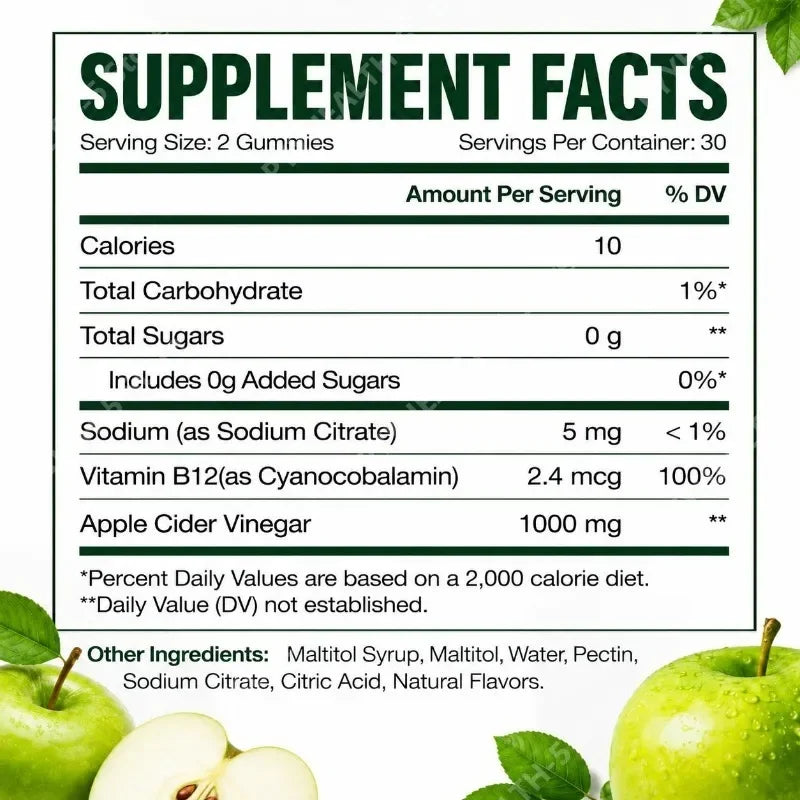 Apple Cider Vinegar B12 Gummies Digestive Comfort Multivitamin Boost Metabolism for Men Women Free Vegan Gluten-Free 60 Gummies