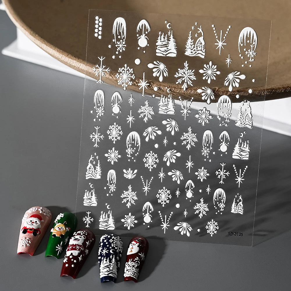 2pcs 5D Christmas Nail Stickers Waterfall Snowflakes Santa Claus Elk Gingerbread Nail Decals  Embossed Winter  Xmas Manicure Set