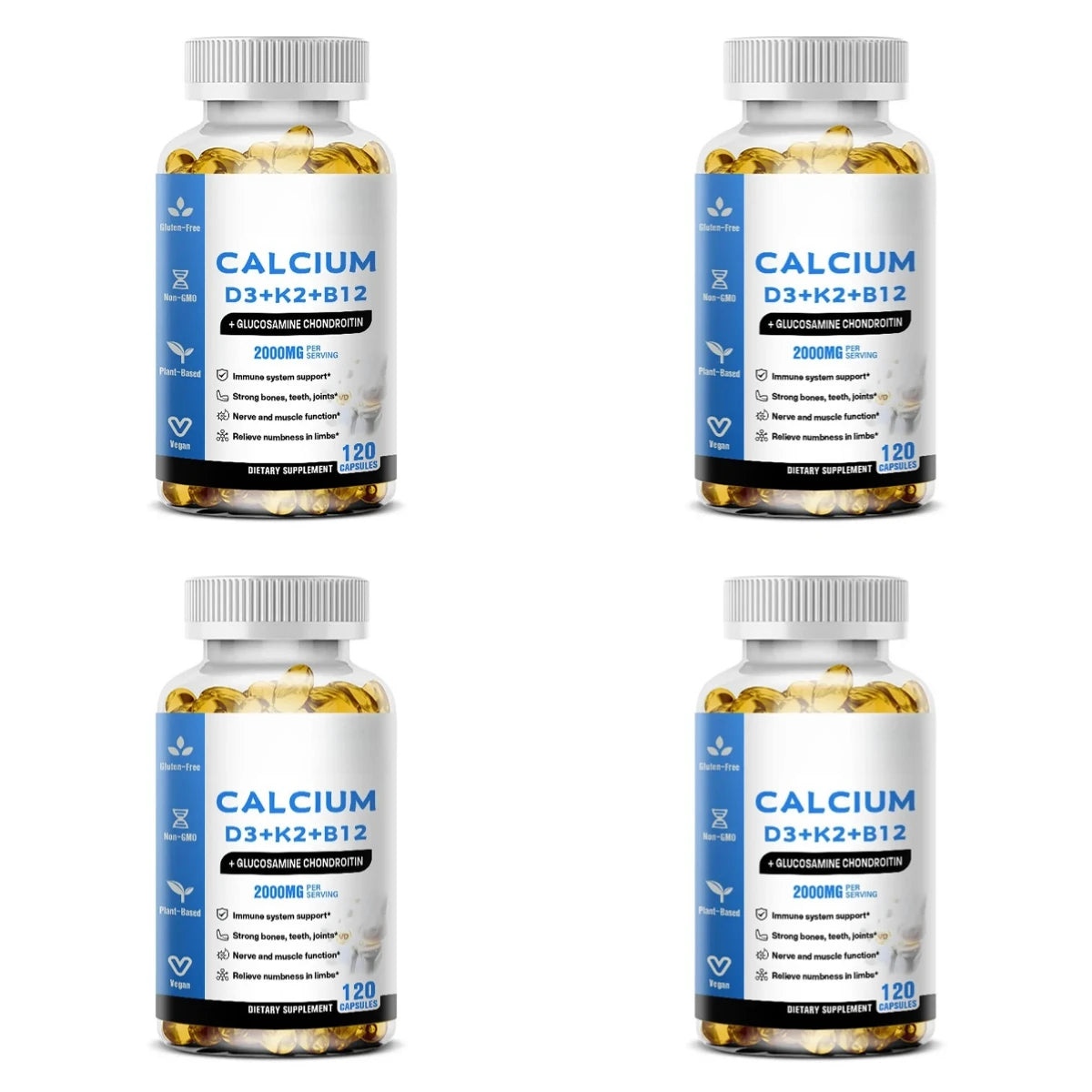 Calcium D3 K2 B12 Capsules for Bone, Teeth & Joint Support, Muscle, Immune & Nerve Health, Gluten-Free & Non-GMO, 120 Capsules
