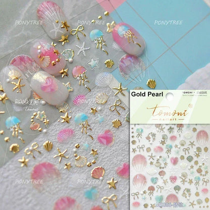 Gold Stamped Shell Conch Scallop Starfish Pearl 5D Embossed Self Adhesive Nail Art Stickers Delicate Ocean Style Manicure Decals