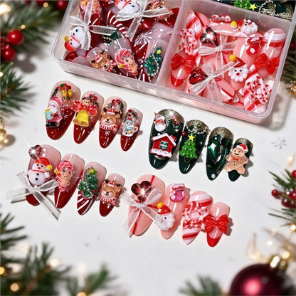 96PC 3D Red Green Medium Almond Christmas Press On Nails Cute Elk/Bell/Snowman/Santa Claus/Xmas Tree Fake Nails Full Cover Nails