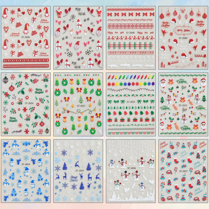 3 to 12 Sheets 3D Christmas Santa Snowman Reindeer Tree Snowflake Lights Gnome Self-Adhesive Nail Art Stickers