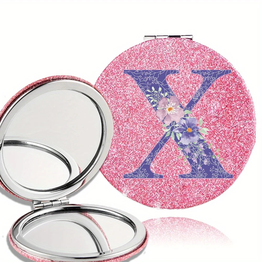 Women Folding Makeup Mirror Facial Beauty Makeup Care Tool Durable PU Surface Waterproof Ideal Party Gift Pink Flower Pattern