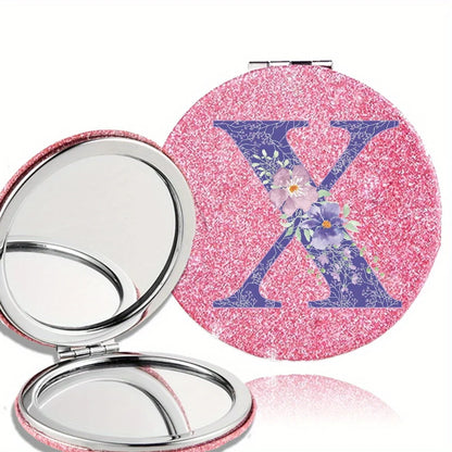 Women Folding Makeup Mirror Facial Beauty Makeup Care Tool Durable PU Surface Waterproof Ideal Party Gift Pink Flower Pattern