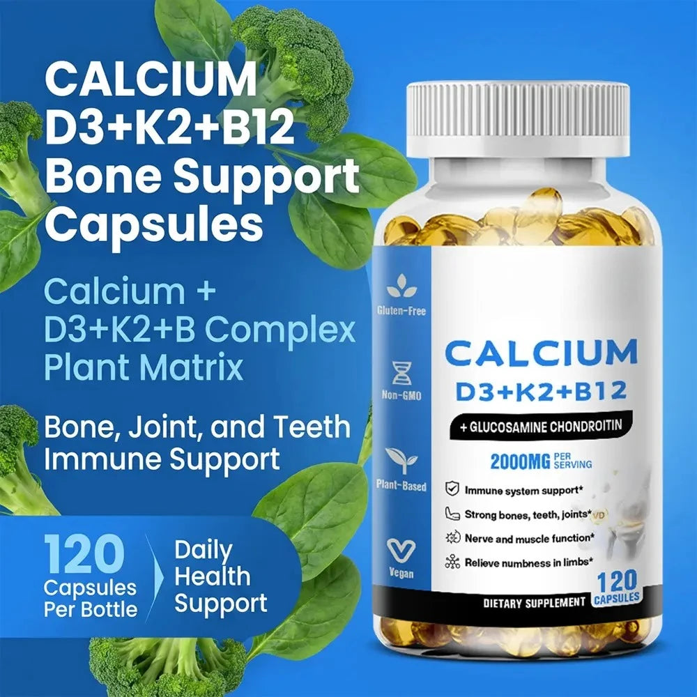 Calcium D3 K2 B12 Capsules for Bone, Teeth & Joint Support, Muscle, Immune & Nerve Health, Gluten-Free & Non-GMO, 120 Capsules