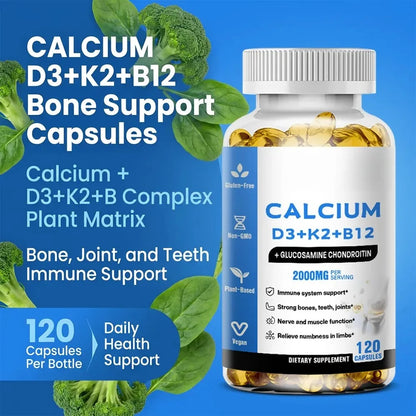 Calcium D3 K2 B12 Capsules for Bone, Teeth & Joint Support, Muscle, Immune & Nerve Health, Gluten-Free & Non-GMO, 120 Capsules