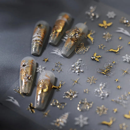 Luxury Gold Silver Nail Stickers Christmas Tree Elk Snowflake Bow Pattern Nail Stickers Self adhesive Decoration Accessories DIY