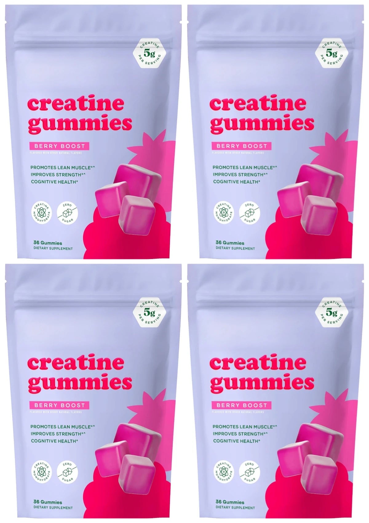 Berry Flavor Creatine Monohydrate 5g Gummies - Zero Sugar 36 Count Non-GMO Gluten Free Vegetarian Supplement for Fitness And Bod