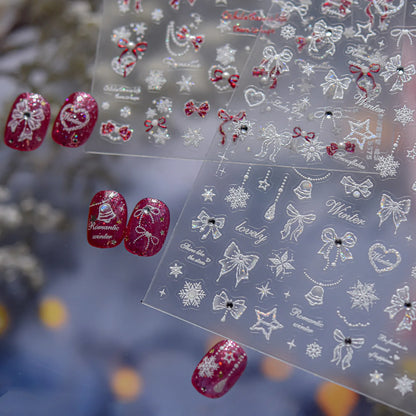 White Snowflake Red Bowknot Nail Art Sticker Adhesive High Quality Winter DIY Nail Art Decal Foil Decoration