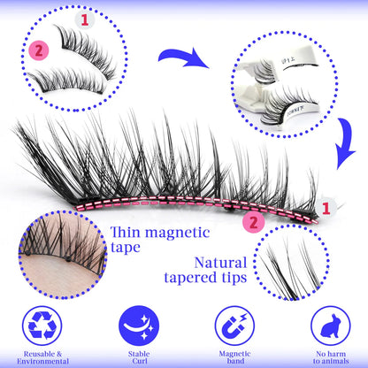 Reusable Magnetic Eyelashes 1 Pair Natural Curly Fluffy Magnetic False Eyelashes No Glue Needed Lashes Makeup with Tweezer Set