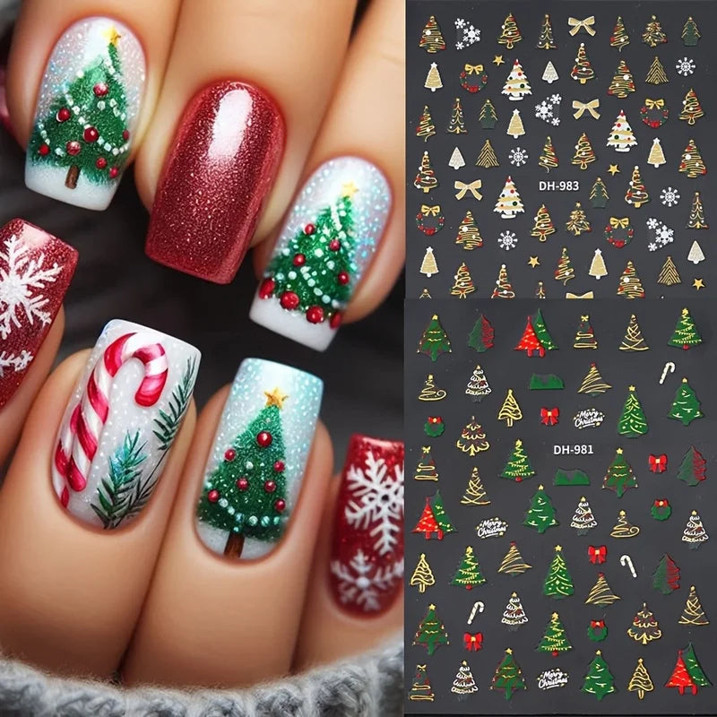 3pcs Christmas Nail Art Stickers - With Green Trees、Red Bow、Golden Decoration - Glossy Surface, Suitable for Holiday Nail Groomi