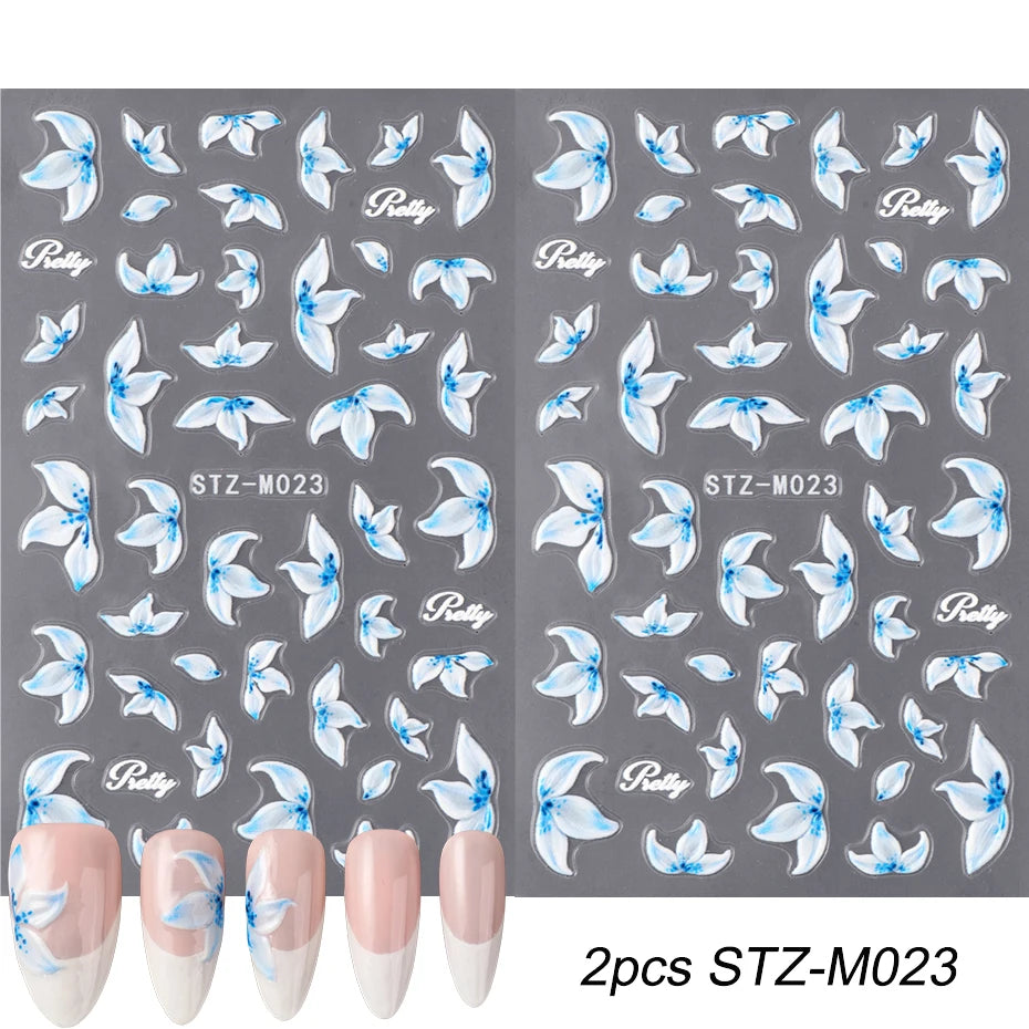2pcs Hibiscus Flower Nail Art Stickers Blue & White Flowers Charm of Spring Summer Self-Adhesive DIY Decals Manicure Decoration