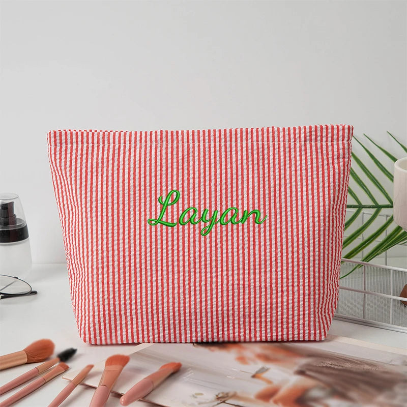 Customised Embroidery/Standard Style 2 Options, Bubble Gauze Striped Makeup Bag, Storage Pouch, Back-to-School Season