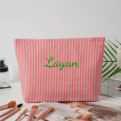 Customised Embroidery/Standard Style 2 Options, Bubble Gauze Striped Makeup Bag, Storage Pouch, Back-to-School Season