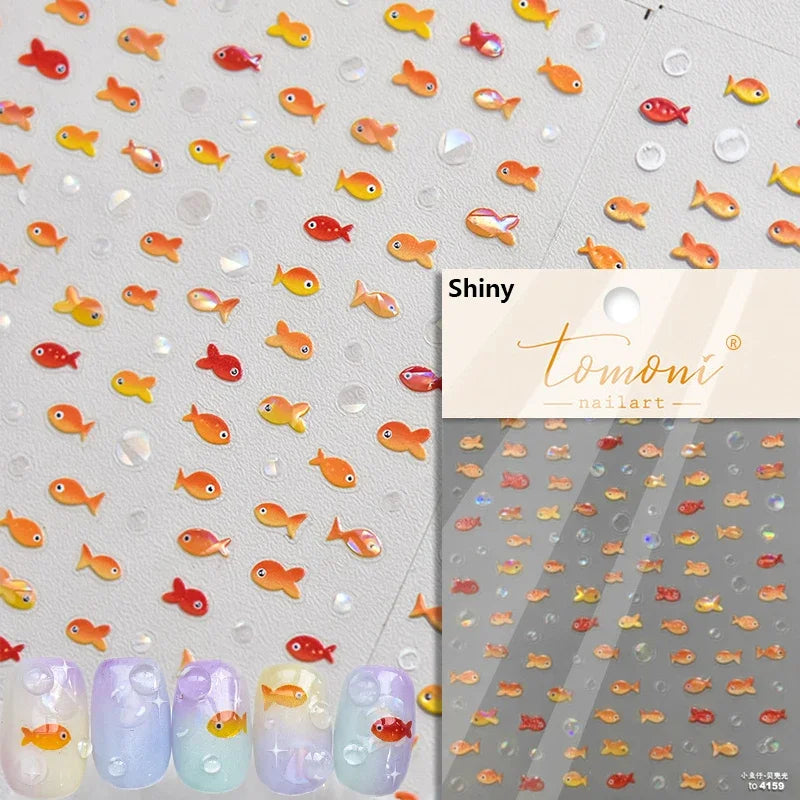 5D Summer Sea Shell Nail Sticker Shiny Embossed Starfish Nails Stickers Summer Beach Wine glass Jellyfish Nail Decals Decoration