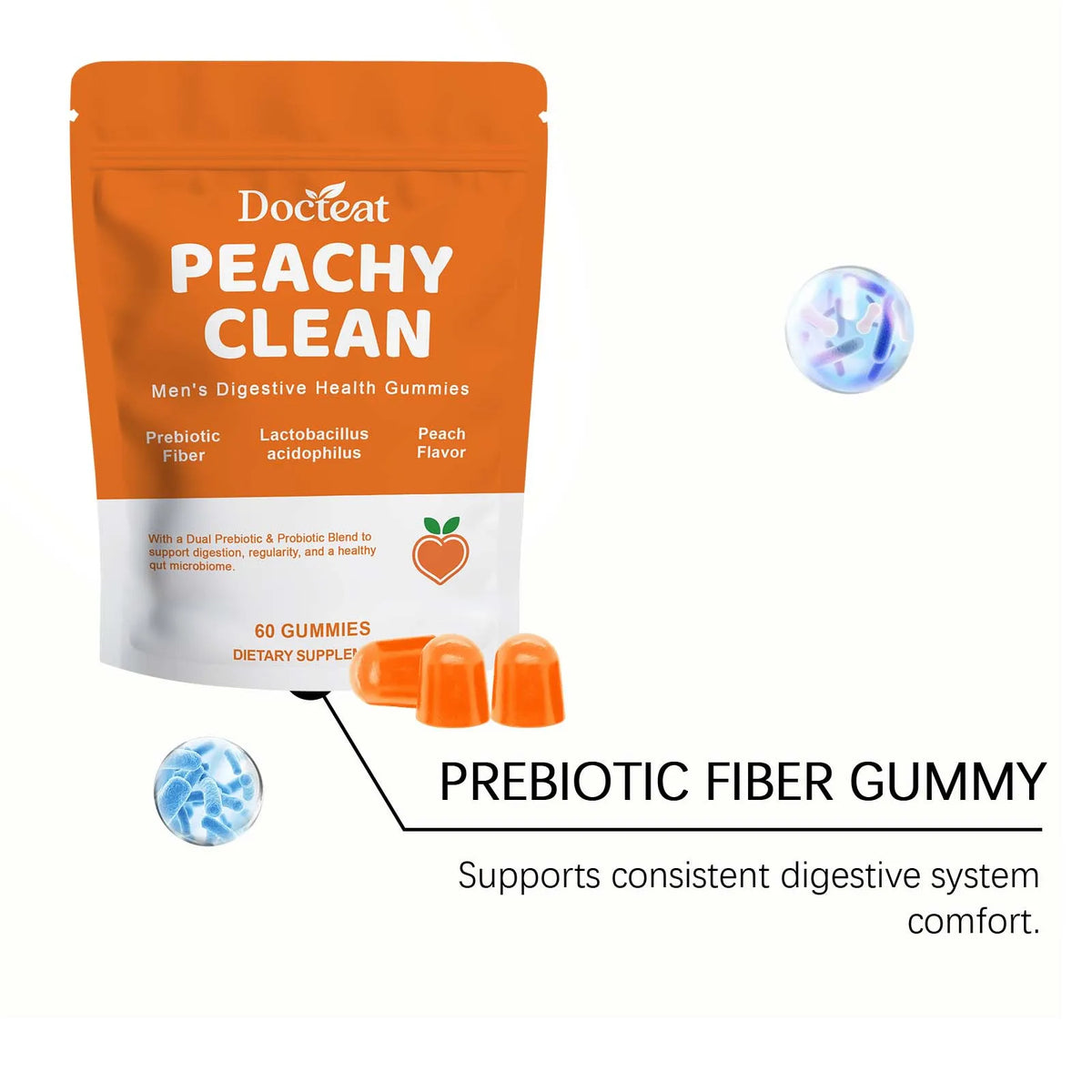 Docteat Peachy Clean Men's Digestive Health Gummies Prebiotic & Probiotic Blend Peach Flavor 60 Gummies Dietary Supplement