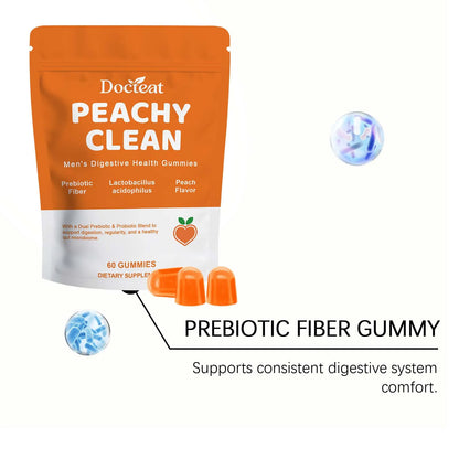 Docteat Peachy Clean Men's Digestive Health Gummies Prebiotic & Probiotic Blend Peach Flavor 60 Gummies Dietary Supplement