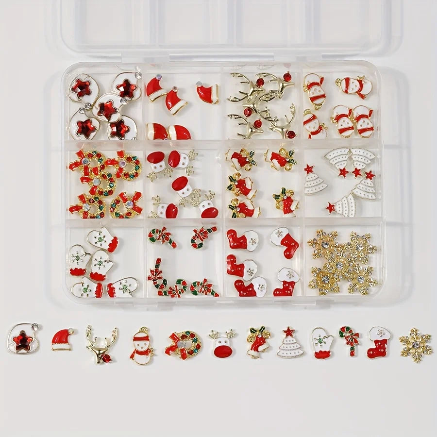 12 Grids Christmas Alloy Nail Charms Mixed Santa Hat Reindeer Snowflake Candy Cane 3D Rhinestone Enamel Ornaments Holiday DIY Nail Decor