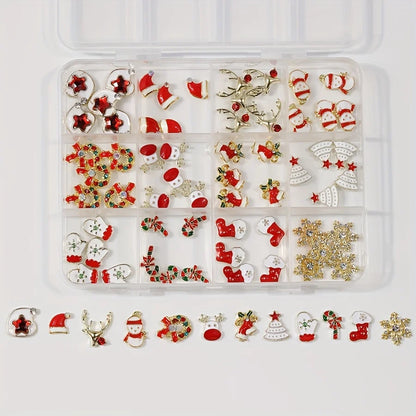 12 Grids Christmas Alloy Nail Charms Mixed Santa Hat Reindeer Snowflake Candy Cane 3D Rhinestone Enamel Ornaments Holiday DIY Nail Decor