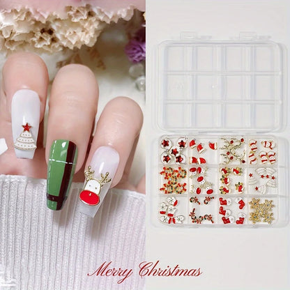 12 Grids Christmas Alloy Nail Charms Mixed Santa Hat Reindeer Snowflake Candy Cane 3D Rhinestone Enamel Ornaments Holiday DIY Nail Decor