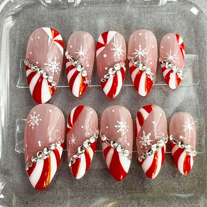 24pcs Red White French Line Christmas Sweet False Nails With Snowflake Rhinestone Starburst Design Pink Almond Press On Nails