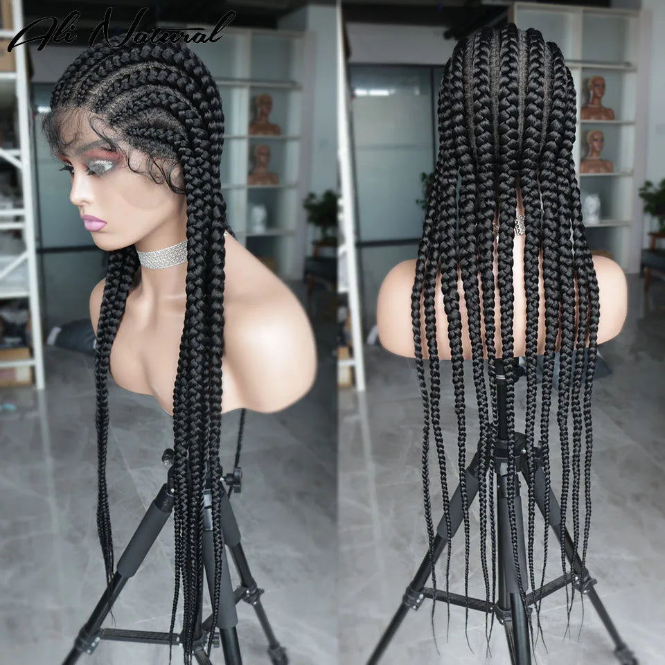 Ombre Silber Grey Full Lace 11 Braids Braided Wig With Baby Hair Box Braiding Wig African Long Synthetic Hair Knotless Wig