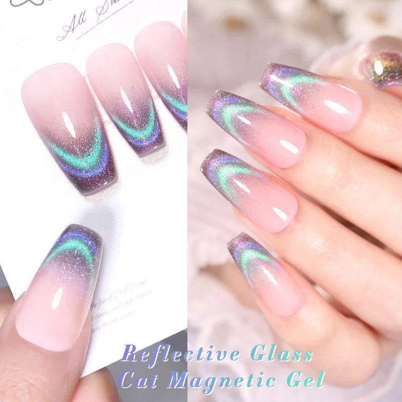 BORN PRETTY 10ml Rainbow Glass Cat Magnetic Nail Gel Polish Sparkling Double Light Reflective Glitter Colorful Laser Varnish