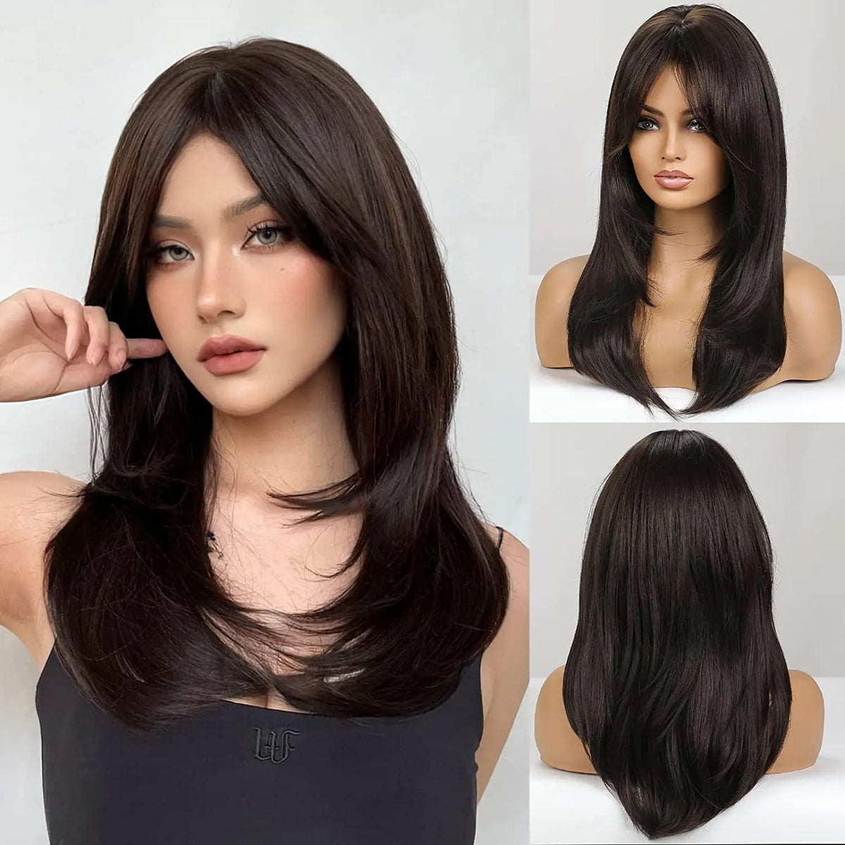 Synthetic Long Blonde Layered Wigs for Women Wig with Bangs Natural Looking Straight High Temperature Hair for Daily Christmas