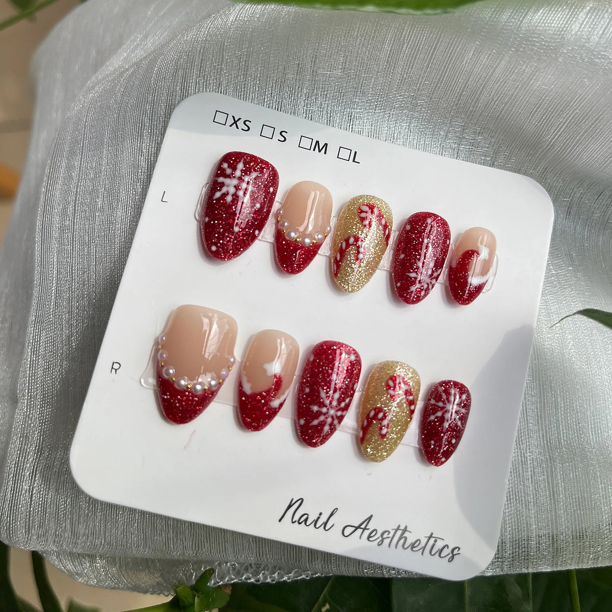 Hand Painted Christmas Fake Nails Short Almond Red Glitter Snowflake Candy Cane Pearl French Press On Nails Reusable  10 Pieces